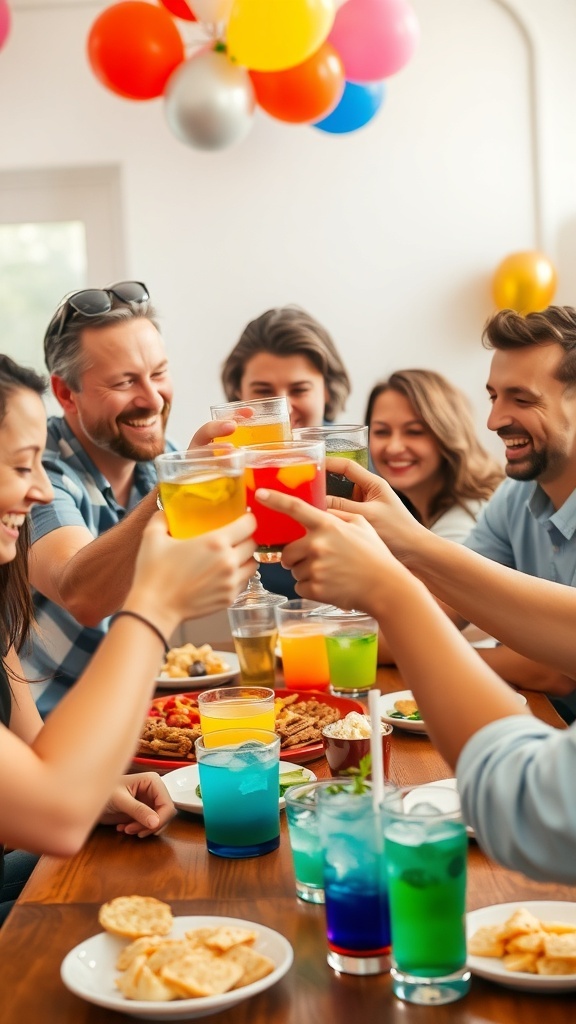 Friends toasting with drinks at a lively gathering, surrounded by festive decorations.
